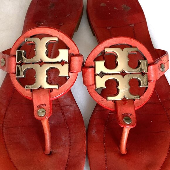 Tory Burch Metal Miller Soft Leather Sandals (orange / gold) T strap flat sandal - Picture 7 of 7